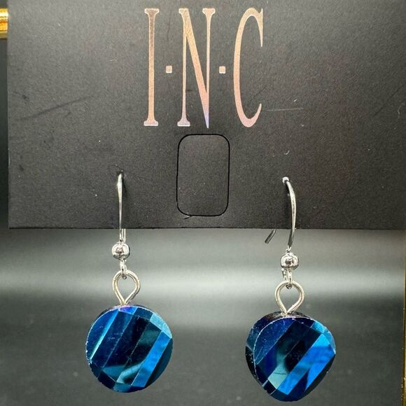 INC Silver Tone Blue Crystal Fish Hook Dangle Earrings 1.5 inch - Picture 1 of 6